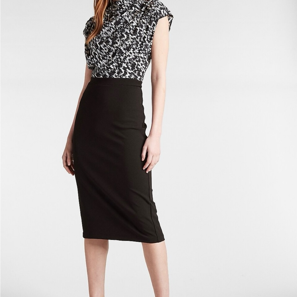 Express Draped Mock Neck Ikat Print Midi Sheath Dress